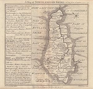 A map of Northamptonshire. North from London