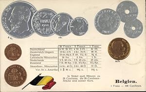 Präge Ansichtskarte / Postkarte Belgien, Münzen, Fahne, Franc, Centimes