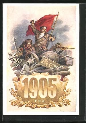 Künstler-Ansichtskarte Revolution 1905, Arbeiterbewegung, Revolutionäre auf den Barrikaden