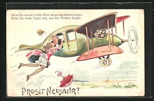 Lithographie Neujahrsgruss, Kuss zum Abschied, Flugzeug