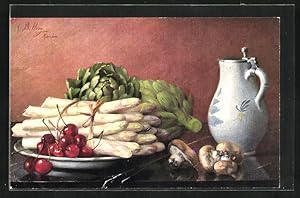 Bild des Verkufers fr Knstler-Ansichtskarte M. Billing: Spargel, Artischocken, Kirschen, Pilze zum Verkauf von Bartko-Reher