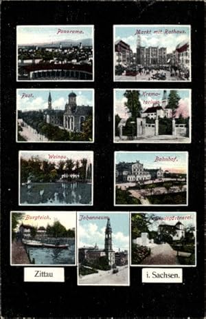 Imagen del vendedor de Ansichtskarte / Postkarte Zittau in der Oberlausitz, Panorama, Post, Markt m. Rathaus, Krematorium, Bahnhof, Johanneum a la venta por akpool GmbH