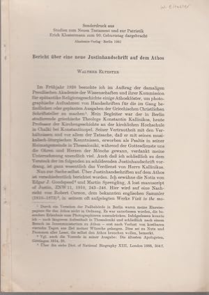 Image du vendeur pour Bericht ber eine neue Justinhandschrift auf dem Athos. [Aus: Studien zum neuen Testament und zur Patristik. Erich Klostermann zum 90.Geburtstag dargebracht]. Texte und Untersuchungen zur Geschichte der altchristlichen Literatur; Bd. 77 mis en vente par Fundus-Online GbR Borkert Schwarz Zerfa