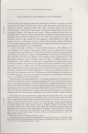 Bild des Verkufers fr Eunapius' Epidemia in Athens. [From: Classical Quarterly, Vol. 39, No. 2, 1989]. zum Verkauf von Fundus-Online GbR Borkert Schwarz Zerfa