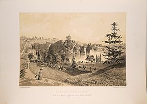 Imagen del vendedor de Lithographie originale. Square des Buttes Chaumont, vue du lac, des grottes et du grand rocher avec le temple de la Sibylle (version pont rocailles). Paris et ses ruines (1878) a la venta por Librairie Lis Tes Ratures