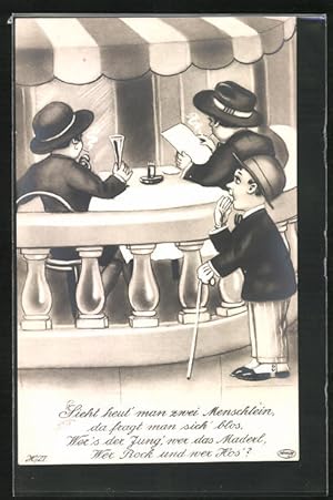 Bild des Verkufers fr Ansichtskarte Kleiner Mann beobachtet Leute im Restaurant, Scherz zum Verkauf von Bartko-Reher