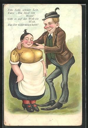 Bild des Verkufers fr Ansichtskarte Unwiderstehlicher Mann umwirbt kleine Frau, Scherz zum Verkauf von Bartko-Reher