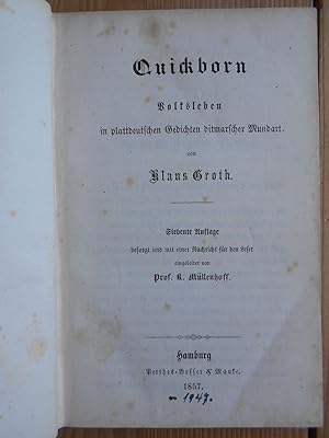 Bild des Verkufers fr Quickborn Volksleben in plattdeutschen Gedichten dithmarscher Mundart zum Verkauf von Antiquariat Rohde