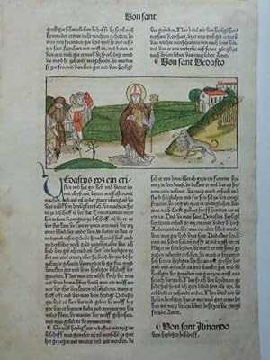 Von San Vedasto. Altkolorierter Holzschnitt aus Legenda Aurea des Jacobus de Vorgina. 8,8 x 18,4 ...