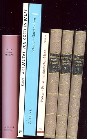 Imagen del vendedor de (Faust-Thematik Teil 2:) I: Wiemken, H. (Hg.): Doctor Fausti Weheklag. Die Volksbcher von D. Johann Faust und Christoph Wagner. Nach den Erstdrucken herausgegeben . . . II: Kaiser, G.: Ist der Mensch zu retten? Vision und Kritik der Moderne in Goethes "Faust". III: Schmidt, J.: Goethes Faust. Erster und Zweiter Teil. Grundlagen - Werk - Wirkung. IV: Vlker, K.: Faust. Ein deutscher Mann. V: Suchsland, P. (Hg.): Deutsche Volksbcher in drei Bnden. a la venta por Antiquariat Buechel-Baur