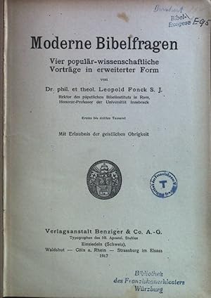 Seller image for Moderne Bibelfragen: Vier populr-wissenschaftliche Vortrge in erweiterter Form. for sale by books4less (Versandantiquariat Petra Gros GmbH & Co. KG)