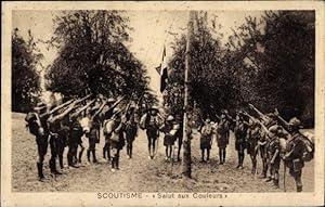 Ansichtskarte / Postkarte Scoutisme, Salut aux Couleurs, Pfadfinder beim Hissen der Fahne