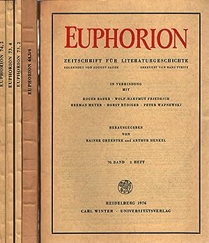 Bild des Verkufers fr Euphorion. Zeitschrift fr Literaturgeschichte. Bnde und Hefte 64(3/4), 70(2), 73(2), 73(4), 74(2). Speziell mit Beitrgen zu Franz Kafka. Begrndet von August Sauer, erneuert von Hans Pyritz. In Verbindung mit Roger Bauer, Wolf-Hartmut Friedrich, Herman Meyer, Horst Rdiger, Peter Wapnewski. zum Verkauf von Fundus-Online GbR Borkert Schwarz Zerfa