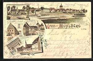 Lithographie Mühlberg a. Elbe, Kaiserl. Postamt, Kirchstrasse, Schloss, Totalansicht