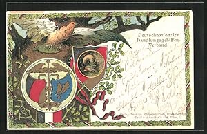 Lithographie Wappen, Deutschnationaler Handlungsgehilfen-Verband, Vogel mit Krone