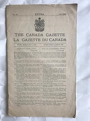 The Canada Gazette. La Gazette du Canada. No.14 Vol.LXXX July 1st. 1946.