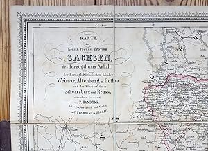 Bild des Verkufers fr Karte der Knigl. Preuss. Provinz Sachsen, des Herzogthums Anhalt, der Herzogl. Schsischen Lnder Weimar, Altenburg u. Gotha und der Frstenthmer Schwarzburg und Reuss, entworfen und gezeichnet von F.Handtke - Verhltnis (Mastab): 1: 456 000 zum Verkauf von BBB-Internetbuchantiquariat