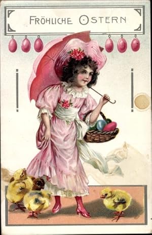 Ansichtskarte / Postkarte Glückwunsch Ostern, Mädchen mit Sonnenschirm, Ostereier, Küken