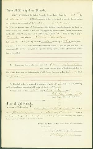 Seller image for Know all Men by these Presents that, Whereas, the United States by Letters Patent dated the 20th day of November, 1879.of the Town-Site of El Dorado.in Book 'A' of land Patents, on pages 72 & 73 And whereas, David Thornton. (land patent, El Dorado County, California, 1879) for sale by Eureka Books