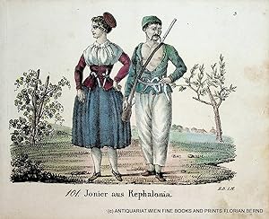 CEPHALONIA, Kefalonia, Greece, national costumes, antique print ca. 1830
