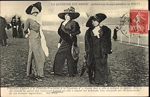 Ansichtskarte / Postkarte La Question est posee, porteta-t-on la jupe pantalon en 1911, Courses d...