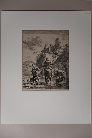 Begegnung einer jungen Magd (Zigeunerin ?) mit einem reitenden Hirte mit seinen Tieren.