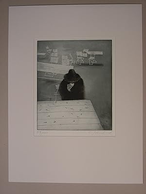 Bild des Verkäufers für o. T. Vermummter Alter (Gevatter Tod?) im Morgengrauen an einem Cafe-Gartentisch. zum Verkauf von Kunstantiquariat Rolf Brehmer