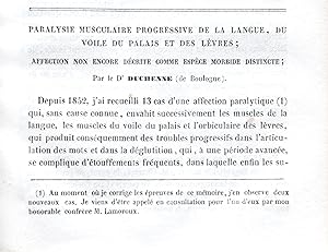 Bild des Verkufers fr Paralysie musculaire progressive de la langue, du voile du palais et des lvres, affection non encore dcrite comme espce morbide distincte. In : Archives Gnrales de Mdecine, fascicules de septembre et octobre 1860 . zum Verkauf von Jean-Pierre AUBERT