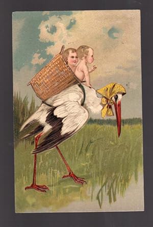 Stork Carrying Babies Edwardian Embossed Postcard