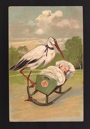 Stork Rocking Baby in Crib Edwardian Embossed Postcard