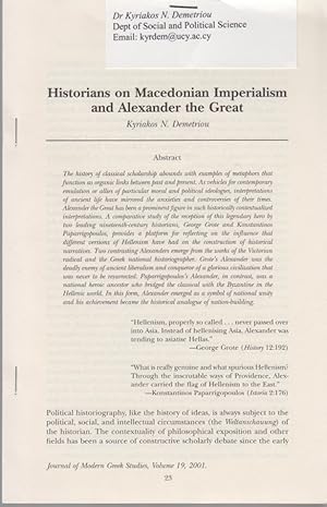 Bild des Verkufers fr Historians on Macedonian Imperialism and Alexander the Great. [From: Journal of Modern Greek Studies, Vol. 19, 2001]. zum Verkauf von Fundus-Online GbR Borkert Schwarz Zerfa