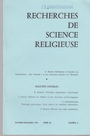 Bild des Verkufers fr Thologie patristique. Trois sicles de tradition alexandrine. [Des: Recherches de Science Religieuse, Octobre-Dcembre 1975, Tome 63, Numer 4]. zum Verkauf von Fundus-Online GbR Borkert Schwarz Zerfa