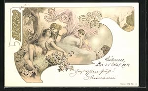 Bild des Verkufers fr Ansichtskarte Englein beschtzen Liebespaar, Jugendstil zum Verkauf von Bartko-Reher