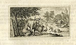 Antique Print-VIGNETTE-COW-CATTLE-MILKING-FARM-CHURCH-Buffon-de Bakker-1773