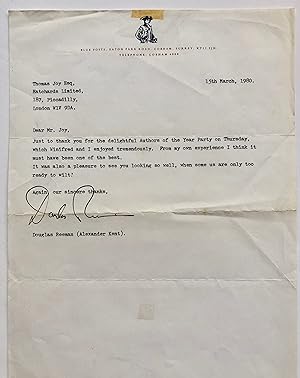 Typed letter signed from novelist Douglas Reeman (pen name: Alexander Kent) to Thomas Joy, managi...