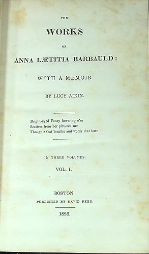 Bild des Verkufers fr The Works of Anna Laetitia Barbauld: with a Memoir. Vol. I zum Verkauf von Wonder Book