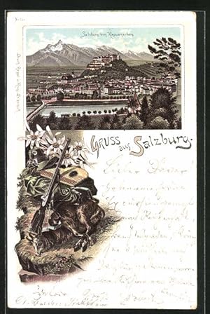 Imagen del vendedor de Lithographie Salzburg, Stadtansicht vom Kapuzinerberg, Jagdgewehr und Zither a la venta por Bartko-Reher