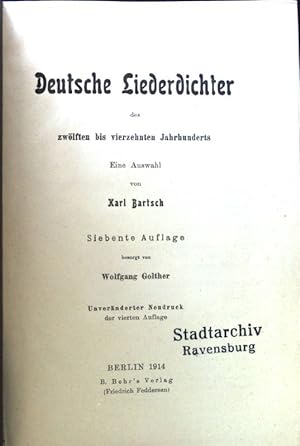 Imagen del vendedor de Deutsche Liederdichter des zwlften bis vierzehnten Jahrhunderts; a la venta por books4less (Versandantiquariat Petra Gros GmbH & Co. KG)