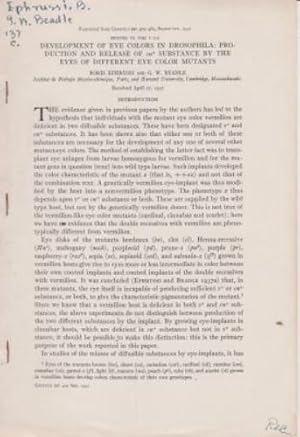 Bild des Verkufers fr Development of Eye Color in Drosophila, Production and Release of cn+ Substance by the Eyes of Different Eye Color Mutants zum Verkauf von Robinson Street Books, IOBA