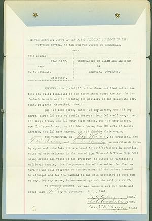 Neil McLean, plaintiff, vs. W. A. Ingalls, defendant (undertaking on claim and delivery of person...