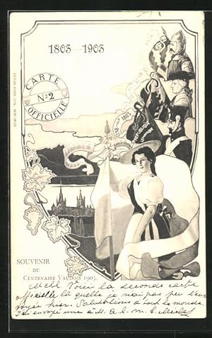 Künstler-Ansichtskarte Schweiz, Souvenir du Centenaire Vaudois 1903, Soldat, Ritter und Fräulein ...