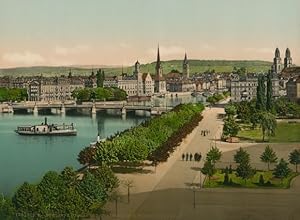 Foto Zürich Stadt Schweiz, Utoquai mit Quaibrücke und Stadthausquai - Photochrom Zürich PZ 17613