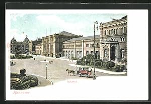 Lithographie Hannover, Vorplatz mit Reiterdenkmal vor dem Bahnhof