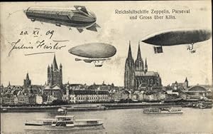 Ansichtskarte / Postkarte Köln am Rhein, Reichsluftschiffe Zeppelin, Parseval, Gross, Dom, Dampfer