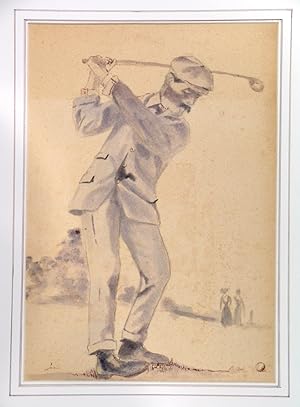 DRIVE. Original pen, ink and wash drawing of a Golfer in action.