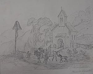 Kirchgang am Lande. Bleistiftzeichnung, rechts unten eigenh. signiert um 1845, 20 x 24,5 cm