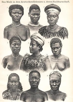 Bild des Verkufers fr Das Weib in den deutschen Kolonien und deren Nachbarschaft;. Frau von Fernando Po, Frau von Kamerun, Fante-Frau (Goldkste), Mdchen von den Admiralitts-Inseln, Mdchen von Samoa, Mdchen von Neu-Britannien (Gazellen-Halbinsel), Weib aus Harrar, Konde-Weib, Berg-Damara-Weib zum Verkauf von Antiquariat Kastanienhof