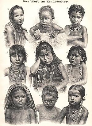 Bild des Verkufers fr Algerierin, Dahome-Mdchen, Buschmann-Mdchen, Guyana-Indianerin, Araucanierin (Chile), Feuerlnderin, Beggar-Mdchen (Indien), Negrita (Philippinen), Brahminen-Mdchen (Malabar);Das Weib im Kindesalter. Das Weib in der Natur- und Vlkerkunde zum Verkauf von Antiquariat Kastanienhof