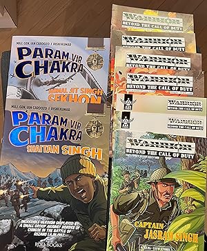 Seller image for Set of 9 War Comics in English from India (Indian). Comprises 2 Comics (Large Format) from the PARAM VIR CHAKRA series - (Major Shaitan Singh, and Flying Officer Normal Jit Sekhon), 7 comics from the Aan Comics WORRIERS BEYOND THE CALL OF DUTY for sale by CKR Inc.