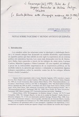 Immagine del venditore per Notas sobre fascismo y mundo antiguo en Espaa. [Da: Rivista di Storia della Storiografia Moderna, anno 13, n. 3, 1992]. J. Encarnaao (ed.), Actas do 2. Congresso Peninsular de Historia Antiga, Coimbra, 18 a 20 de outubro de 1990. venduto da Fundus-Online GbR Borkert Schwarz Zerfa